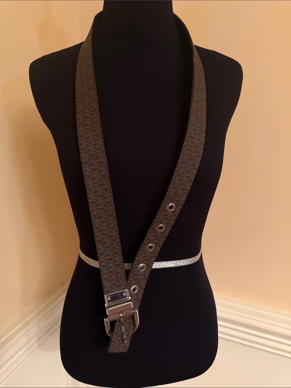 Michael Kors Brown‎ Monogram Logo Belt with Silver Buckle